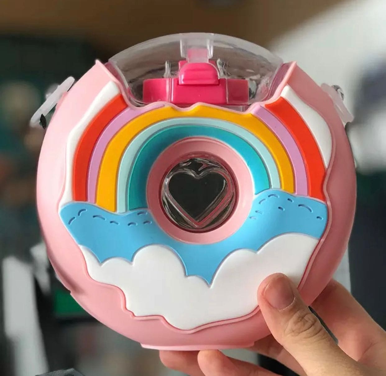 375ml Cute Doughnut Shaped Water Sipper With Straw, BPA Free Creative Round Straw Cup, Portable Anti Fall Plastic Water Cup, Toddlers Drinking Bottle With Shoulder Strap 375ml Cute Doughnut Shaped Water Sipper With Straw, BPA Free Creative Round Straw Cup, Portable Anti Fall Plastic Water Cup, Toddlers Drinking Bottle With Shoulder Strap